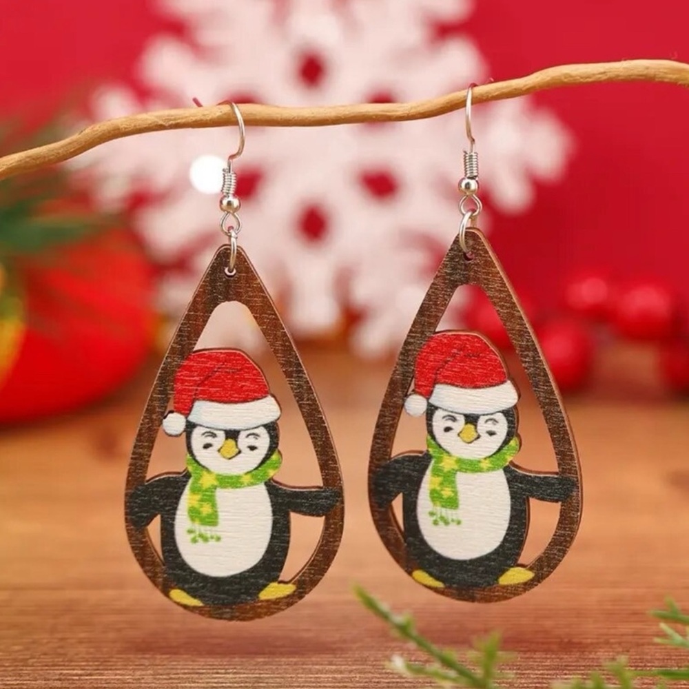 Wooden Teardrop Penguin Christmas Earrings